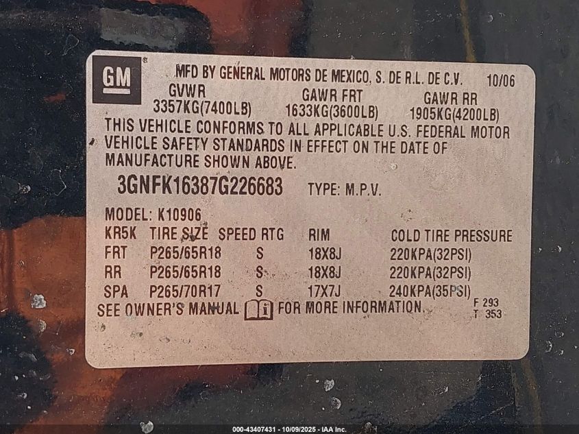 2007 Chevrolet Suburban 1500 Lt VIN: 3GNFK16387G226683 Lot: 43407431