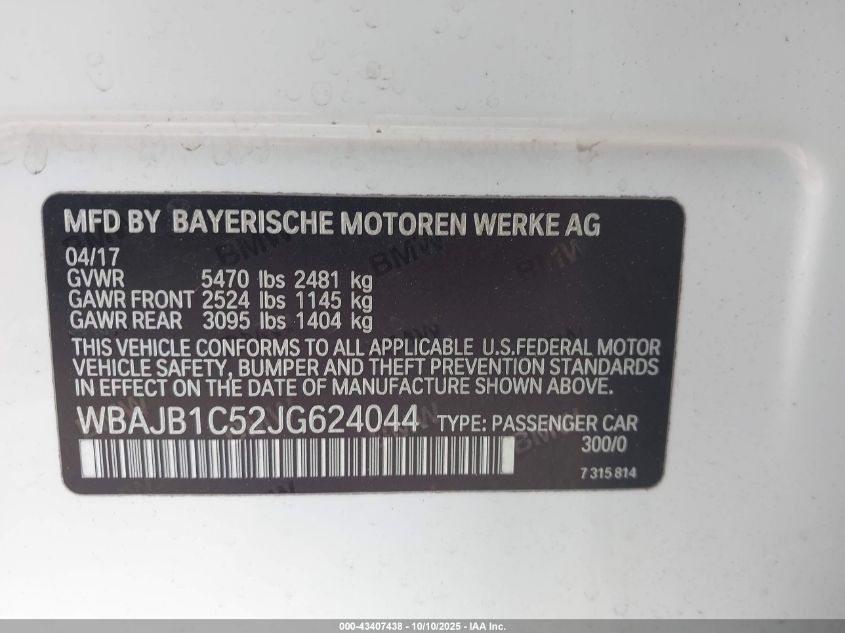 2018 BMW 530E xDrive Iperformance VIN: WBAJB1C52JG624044 Lot: 43407438