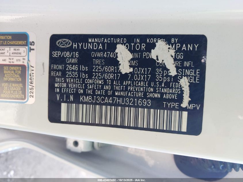 2017 Hyundai Tucson Se VIN: KM8J3CA47HU321693 Lot: 43407450