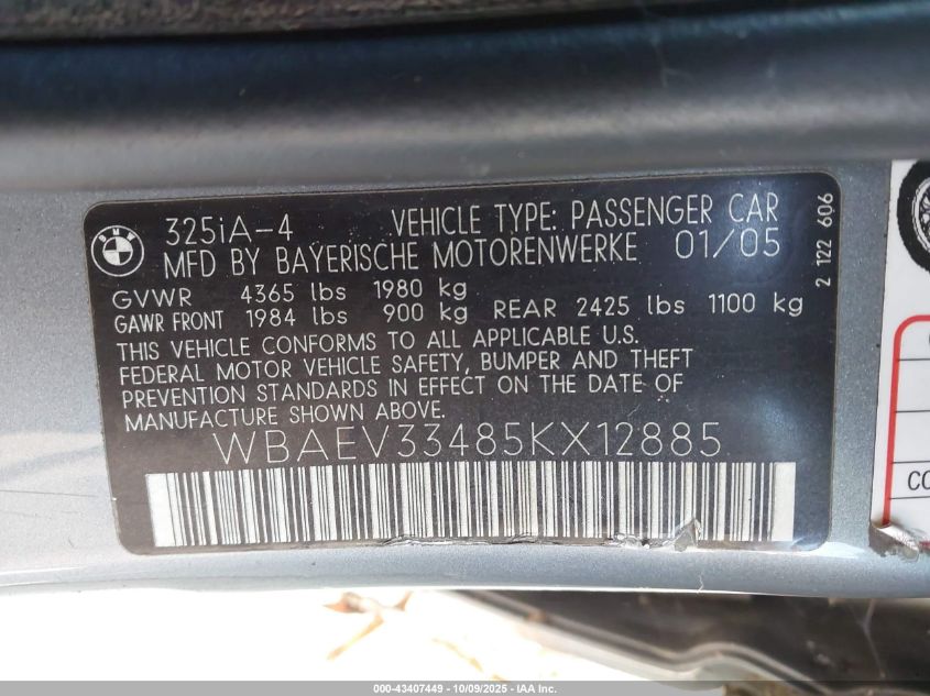 2005 BMW 325I VIN: WBAEV33485KX12885 Lot: 43407449