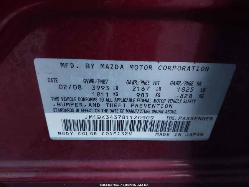 2008 Mazda Mazda3 S Touring VIN: JM1BK343781120909 Lot: 43407464