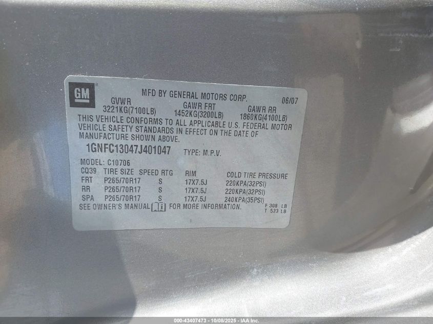 2007 Chevrolet Tahoe Lt VIN: 1GNFC13047J401047 Lot: 43407473