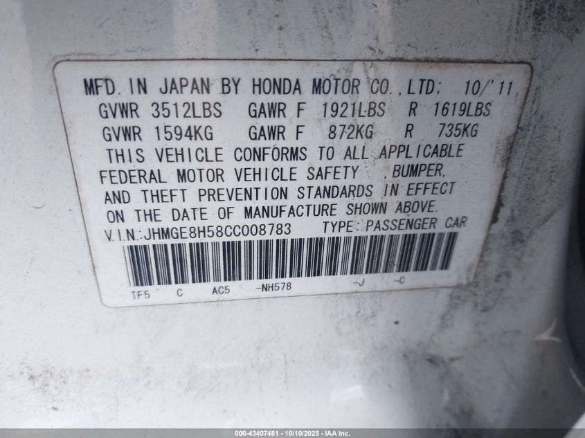 2012 Honda Fit Sport VIN: JHMGE8H58CC008783 Lot: 43407481