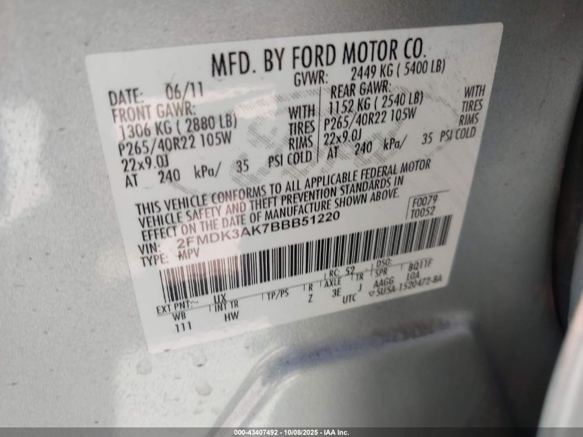 2011 Ford Edge Sport VIN: 2FMDK3AK7BBB51220 Lot: 43407492