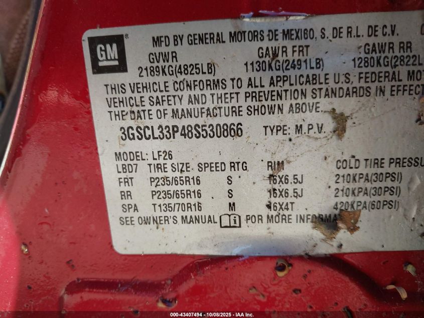 2008 Saturn Vue 4-Cyl Xe VIN: 3GSCL33P48S530866 Lot: 43407494