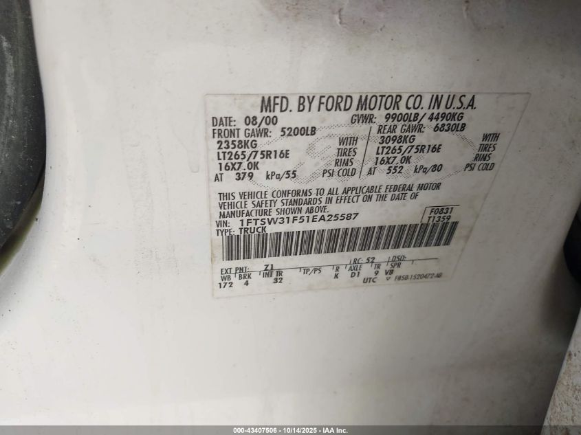 2001 Ford F-350 Lariat/Xl/Xlt VIN: 1FTSW31F51EA25587 Lot: 43407506