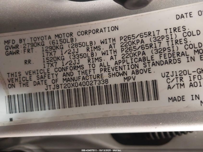 2004 Lexus Gx 470 VIN: JTJBT20X040027338 Lot: 43407511