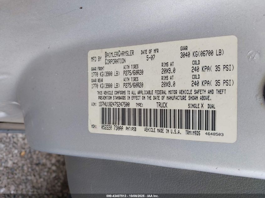 2007 Dodge Ram 1500 Slt/Trx4 Off Road/Sport VIN: 1D7HU18247S247500 Lot: 43407513