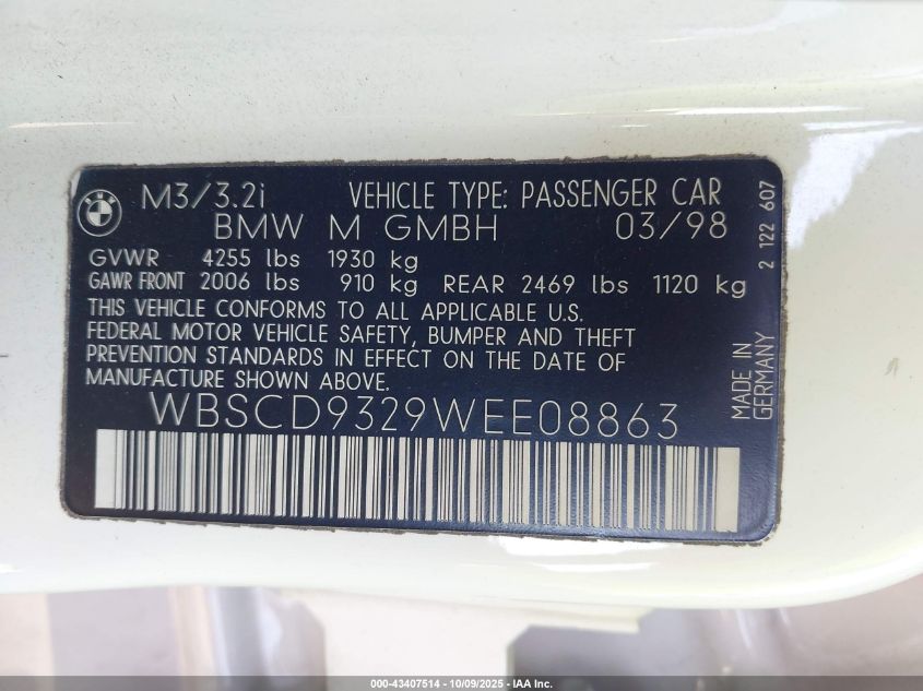 1998 BMW M3 VIN: WBSCD9329WEE08863 Lot: 43407514