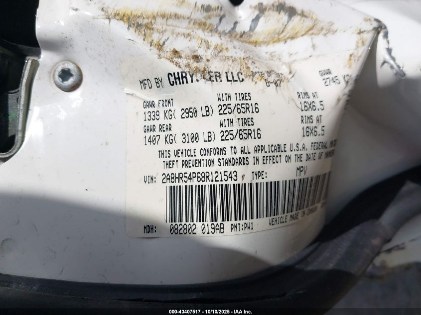 2008 Chrysler Town & Country Touring VIN: 2A8HR54P68R121543 Lot: 43407517
