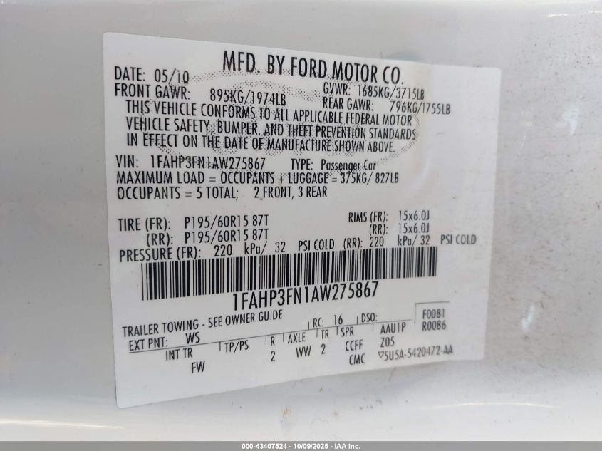 2010 Ford Focus Se VIN: 1FAHP3FN1AW275867 Lot: 43407524