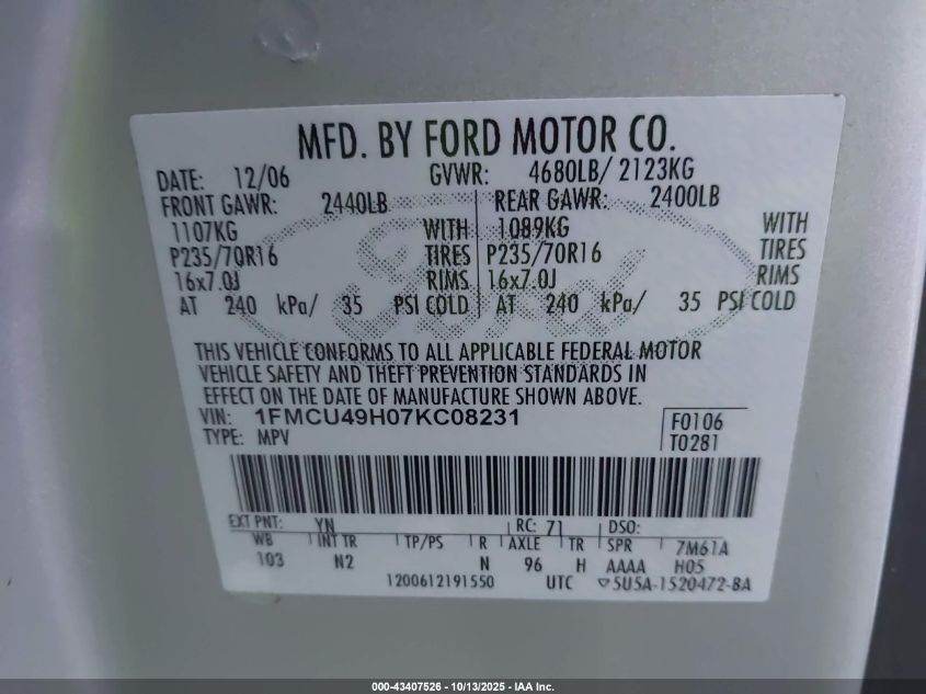 2007 Ford Escape Hybrid VIN: 1FMCU49H07KC08231 Lot: 43407526