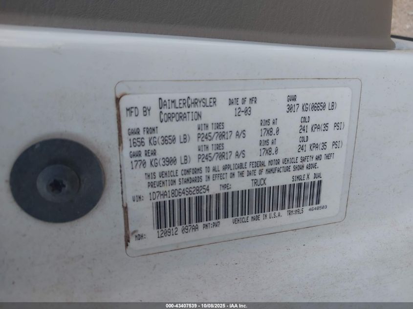 2004 Dodge Ram 1500 Slt/Laramie VIN: 1D7HA18D64S628254 Lot: 43407539