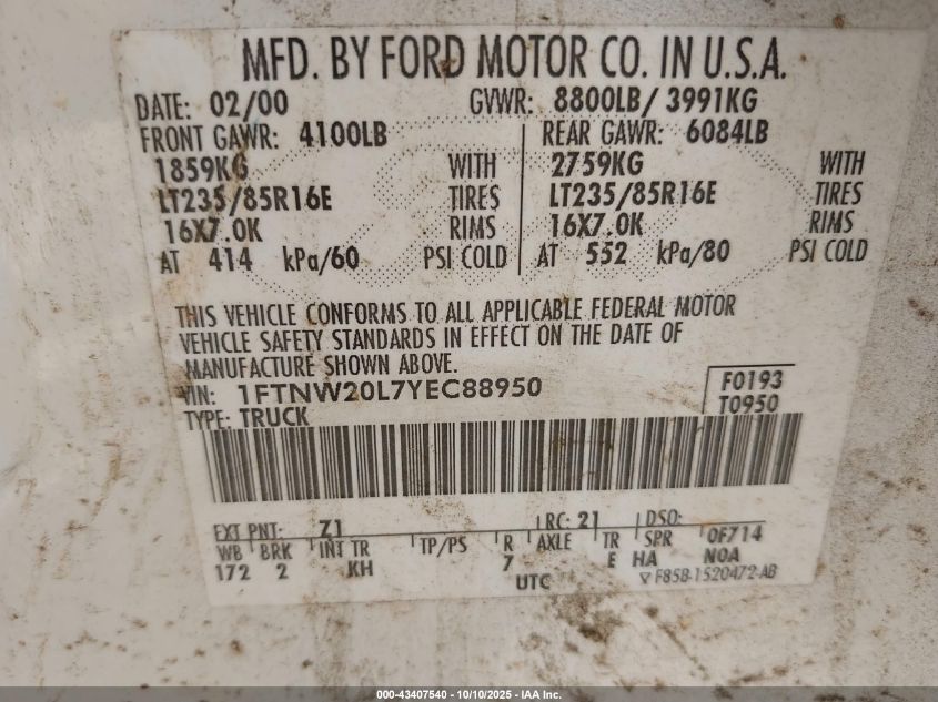 2000 Ford F-250 Lariat/Xl/Xlt VIN: 1FTNW20L7YEC88950 Lot: 43407540