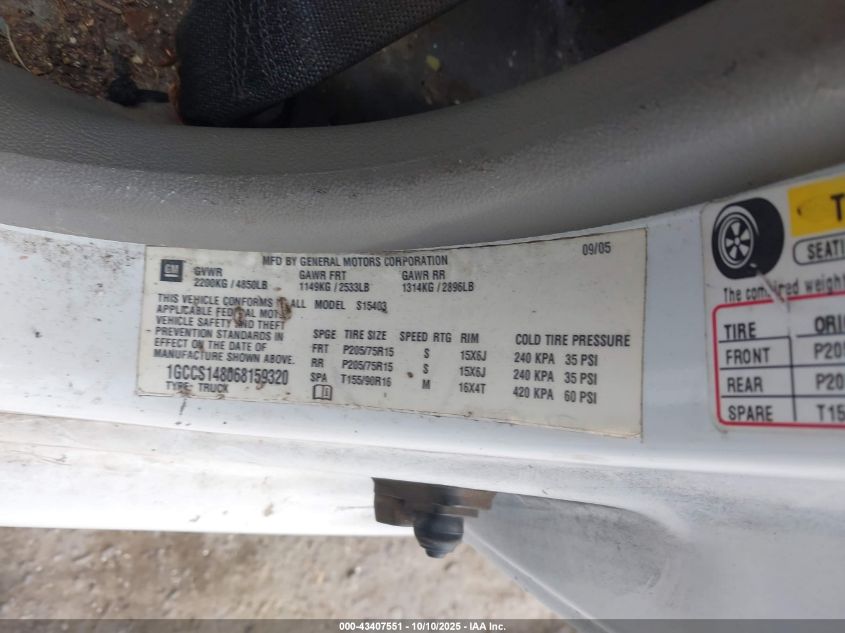 2006 Chevrolet Colorado Work Truck VIN: 1GCCS148068159320 Lot: 43407551