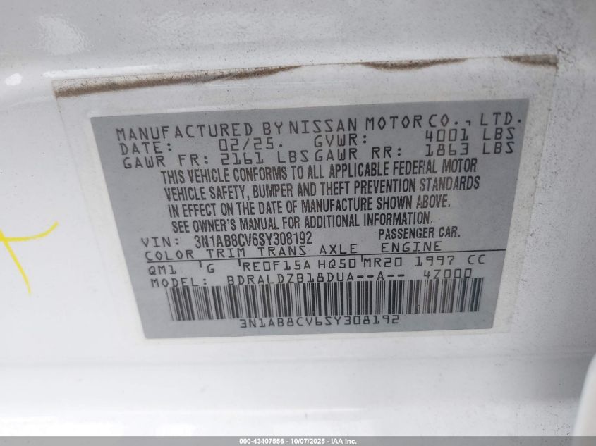 2025 Nissan Sentra Sv VIN: 3N1AB8CV6SY308192 Lot: 43407556