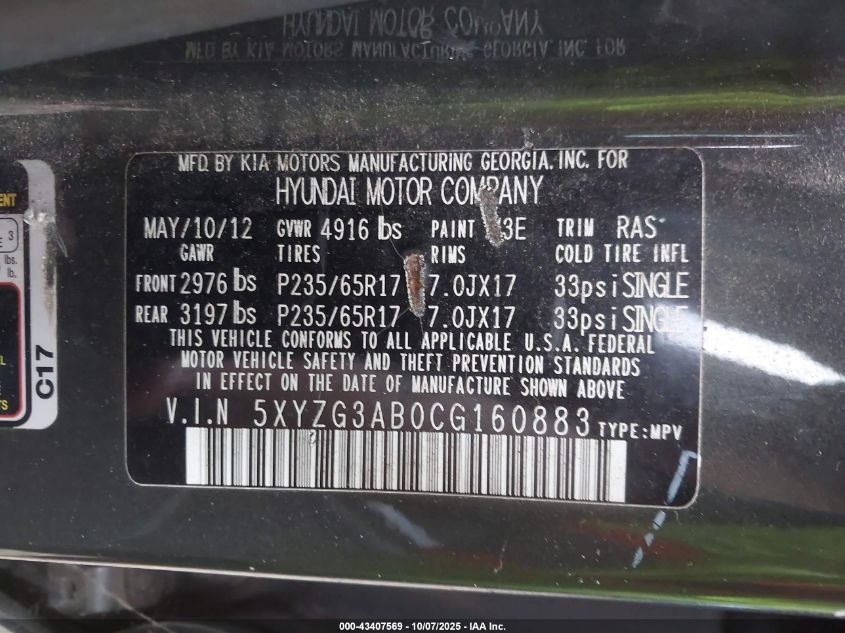 2012 Hyundai Santa Fe Gls VIN: 5XYZG3AB0CG160883 Lot: 43407569