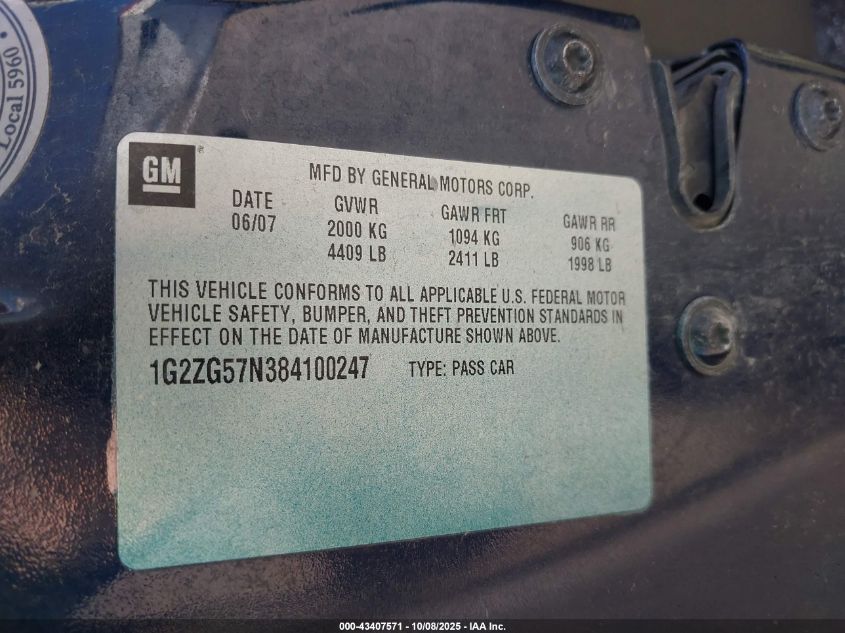 2008 Pontiac G6 VIN: 1G2ZG57N384100247 Lot: 43407571