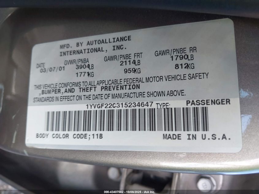 2001 Mazda 626 Es/Lx VIN: 1YVGF22C315234647 Lot: 43407582