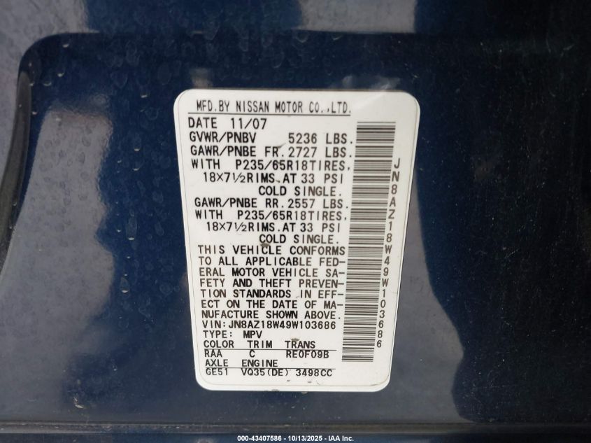 2009 Nissan Murano S VIN: JN8AZ18W49W103686 Lot: 43407586