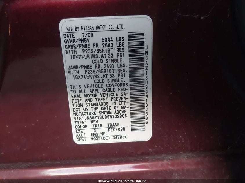 JN8AZ18U99W102886 2009 NISSAN MURANO photo no. 9