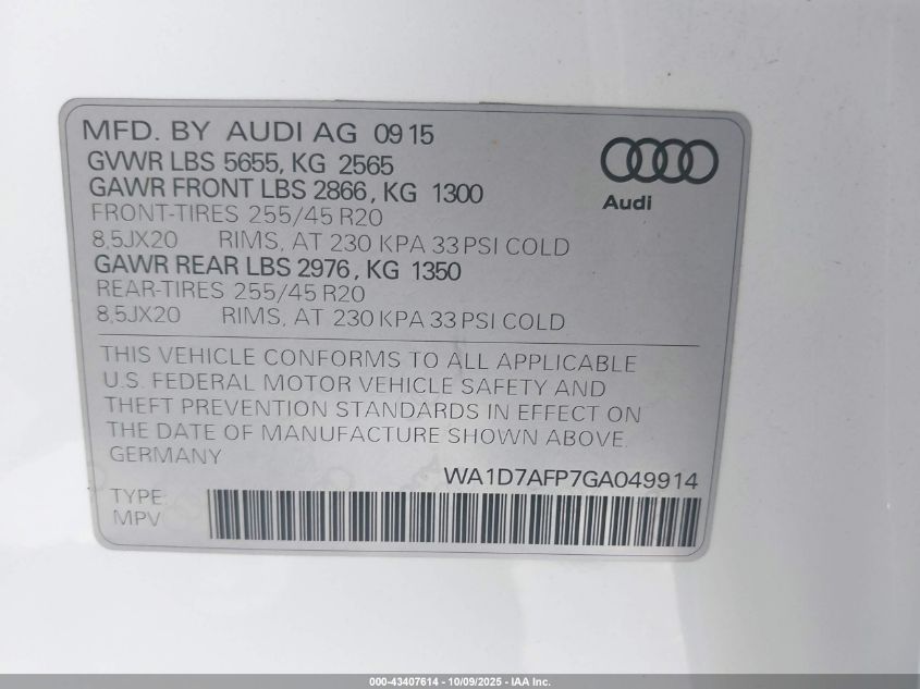 2016 Audi Q5 3.0T Premium Plus VIN: WA1D7AFP7GA049914 Lot: 43407614