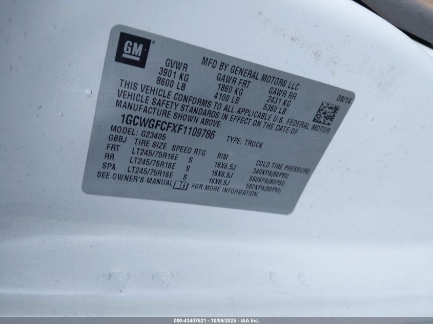 2015 Chevrolet Express 2500 Work Van VIN: 1GCWGFCFXF1109786 Lot: 43407621