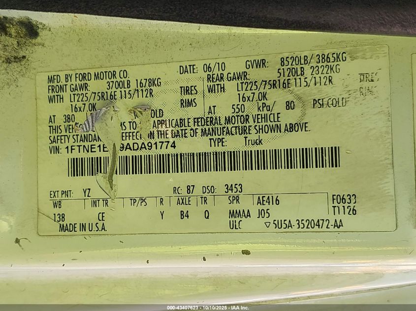 2010 Ford E-150 Commercial/Recreational VIN: 1FTNE1EW9ADA91774 Lot: 43407623