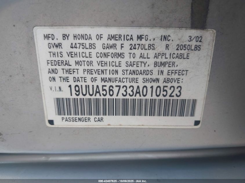 2003 Acura Tl 3.2 VIN: 19UUA56733A010523 Lot: 43407625