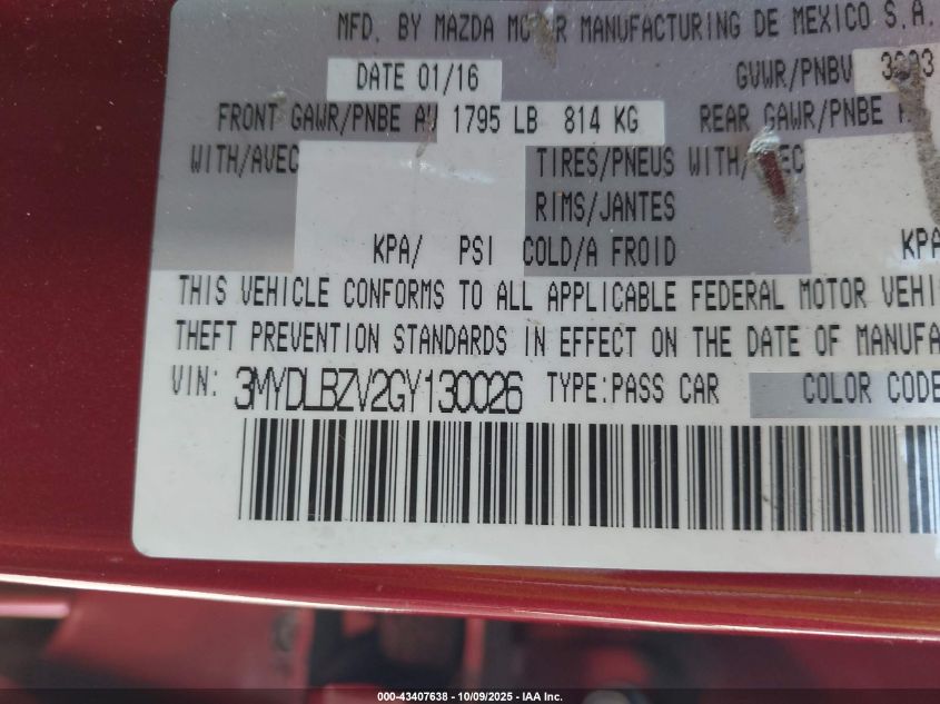 2016 Scion Ia VIN: 3MYDLBZV2GY130026 Lot: 43407638