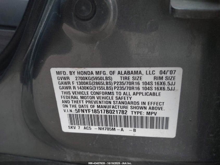 2007 Honda Pilot Ex-L VIN: 5FNYF18517B021782 Lot: 43407639