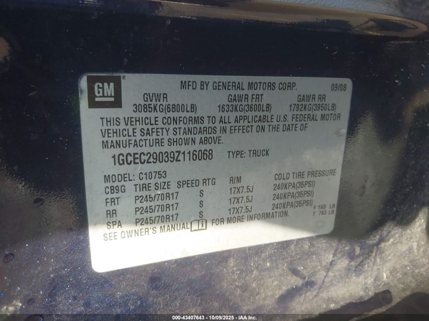 2009 Chevrolet Silverado 1500 Lt VIN: 1GCEC29039Z116068 Lot: 43407643