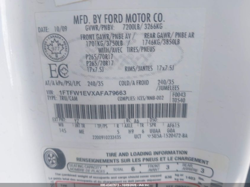 2010 Ford F-150 Fx4/Harley-Davidson/King Ranch/Lariat/Platinum/Xl/Xlt VIN: 1FTFW1EVXAFA79663 Lot: 43407673