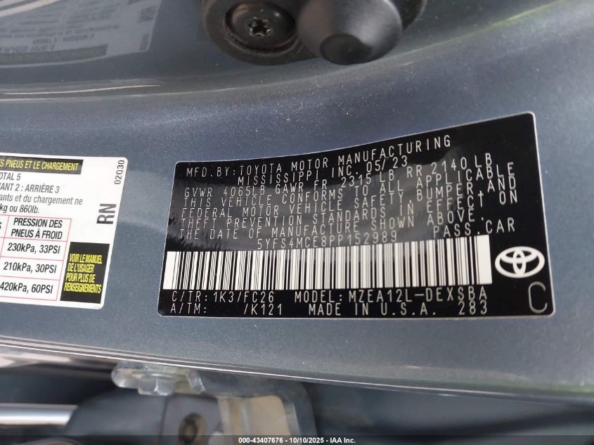 2023 Toyota Corolla Se VIN: 5YFS4MCE8PP152989 Lot: 43407676