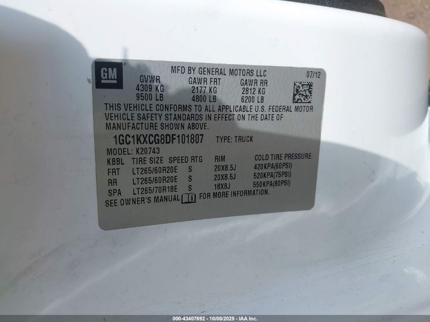 2013 Chevrolet Silverado 2500Hd Lt VIN: 1GC1KXCG8DF101807 Lot: 43407692