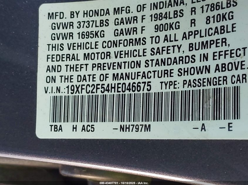 2017 Honda Civic Lx VIN: 19XFC2F54HE046675 Lot: 43407701