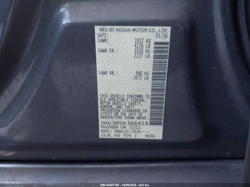 2016 Nissan Altima 2.5/2.5 S/2.5 Sl/2.5 Sr/2.5 Sv VIN: 1N4AL3AP5GN366418 Lot: 43407708