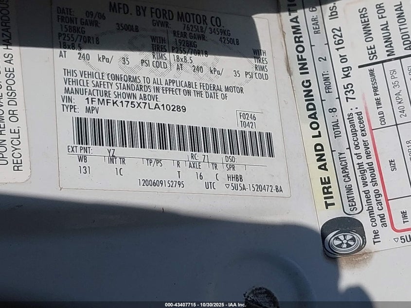 1FMFK175X7LA10289 2007 FORD EXPEDITION photo no. 9