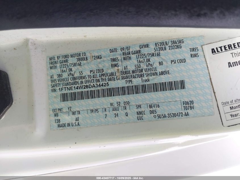 2008 Ford E-150 Commercial/Recreational VIN: 1FTNE14W28DA34425 Lot: 43407717