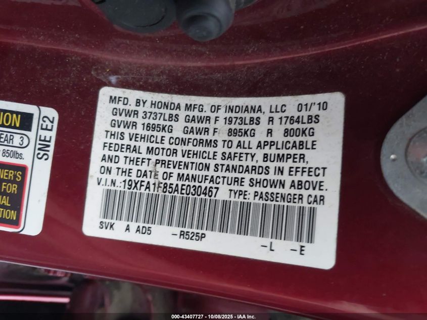 2010 Honda Civic Ex VIN: 19XFA1F85AE030467 Lot: 43407727