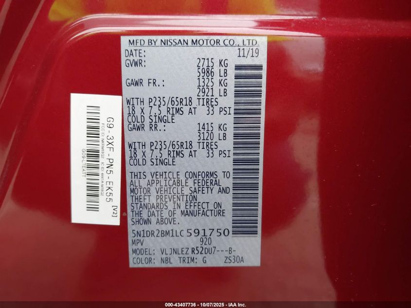 2020 Nissan Pathfinder Sv 4Wd VIN: 5N1DR2BM1LC591750 Lot: 43407736