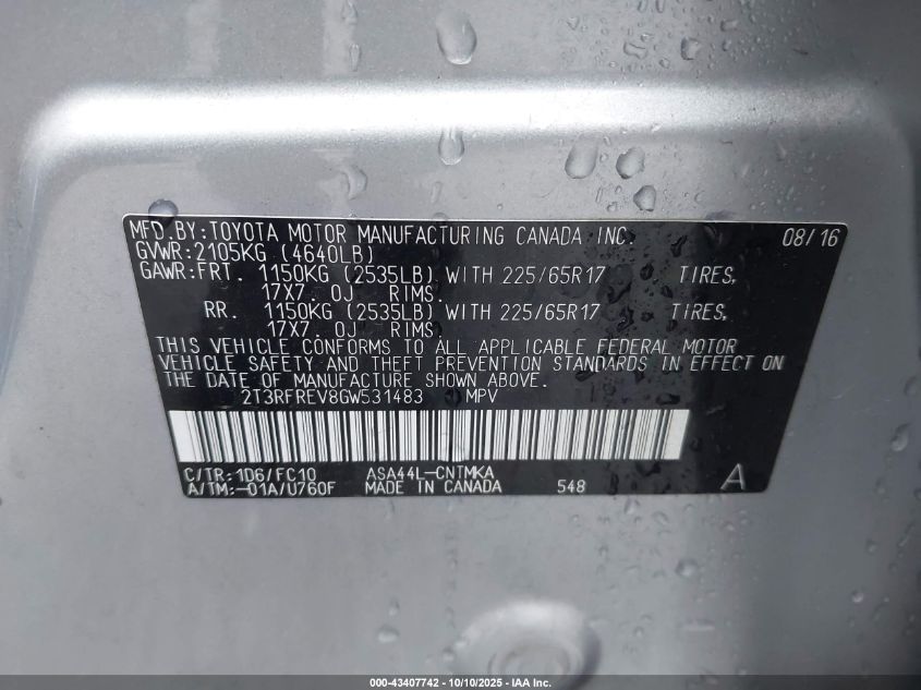 2016 Toyota Rav4 Xle VIN: 2T3RFREV8GW531483 Lot: 43407742