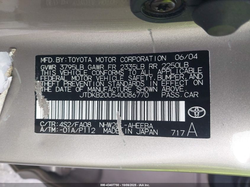 2004 Toyota Prius VIN: JTDKB20U540086770 Lot: 43407750