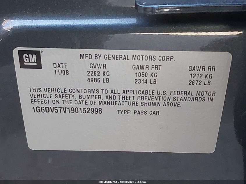 2009 Cadillac Cts Standard VIN: 1G6DV57V190152998 Lot: 43407751