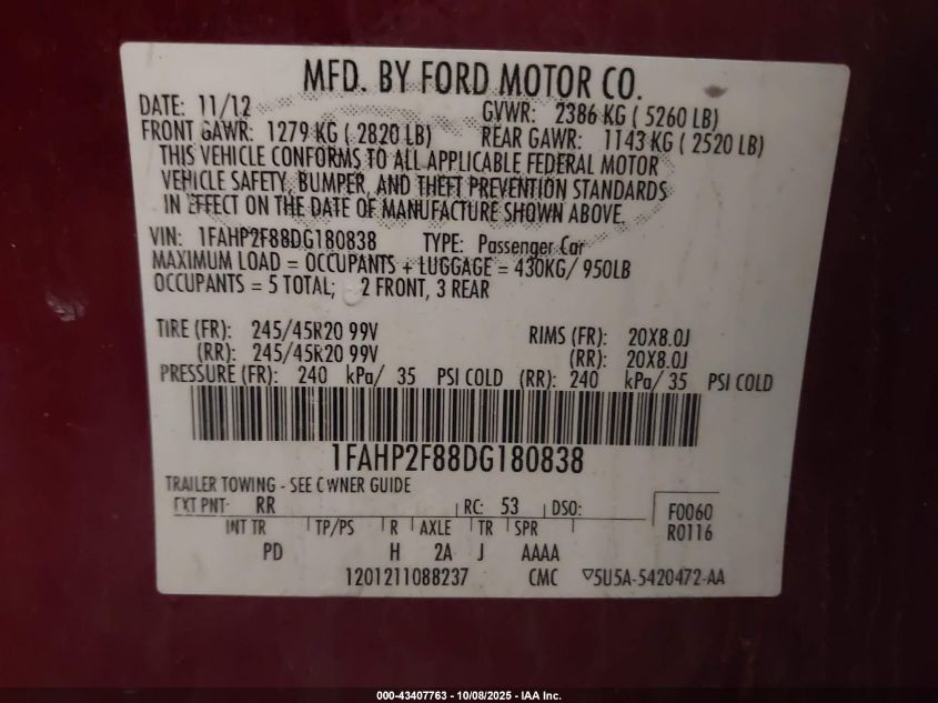 2013 Ford Taurus Limited VIN: 1FAHP2F88DG180838 Lot: 43407763