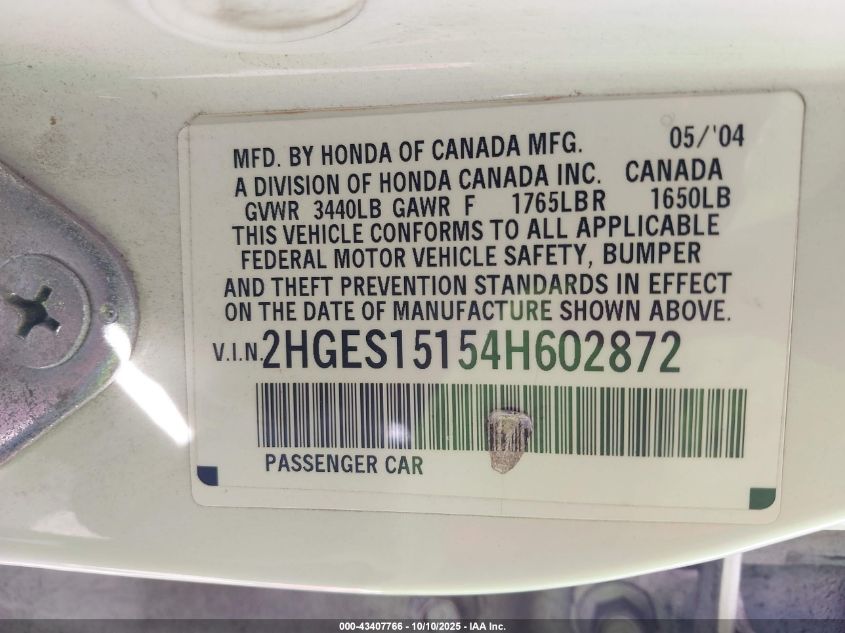 2004 Honda Civic Dx VIN: 2HGES15154H602872 Lot: 43407766