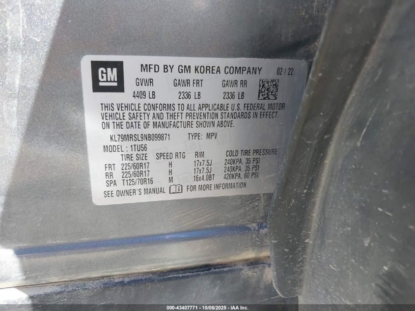 2022 Chevrolet Trailblazer Awd Lt VIN: KL79MRSL9NB099871 Lot: 43407771