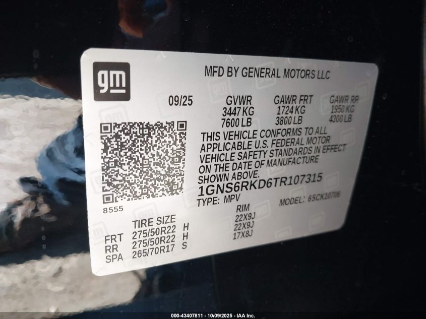 2026 Chevrolet Tahoe 4Wd Rst VIN: 1GNS6RKD6TR107315 Lot: 43407811