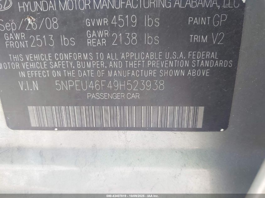 2009 Hyundai Sonata Limited V6 VIN: 5NPEU46F49H523938 Lot: 43407819