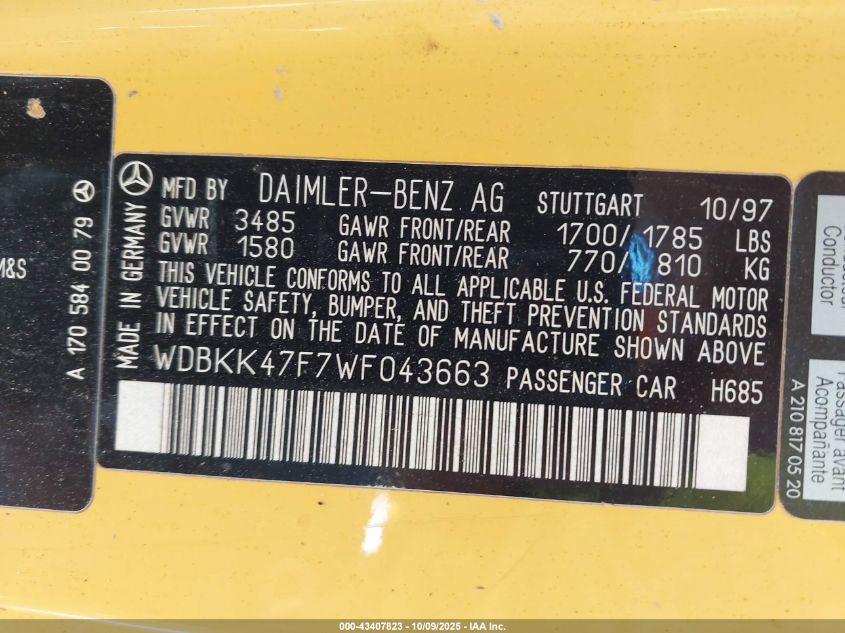 1998 Mercedes-Benz Slk 230 VIN: WDBKK47F7WF043663 Lot: 43407823